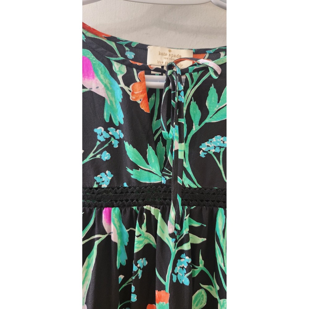 Kate Spade Silk Floral Bird Blouse Black Crochet Trim NJMU7761 Womens Medium - Picture 4 of 12